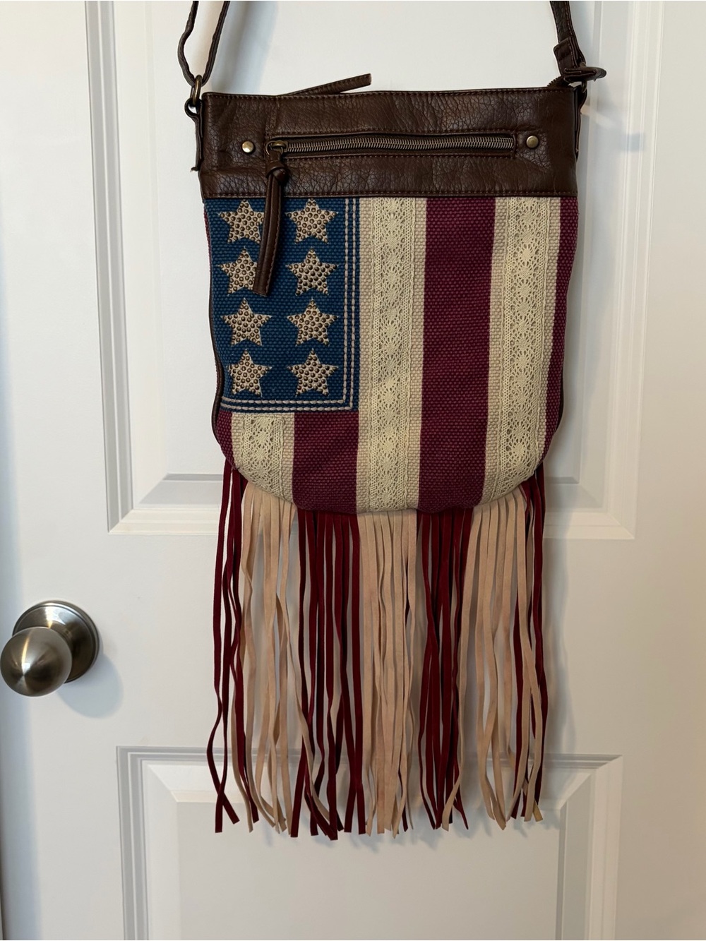 T-shirt & Jeans Fringed American Flag Crossbody Bag in Brown, Red, Blue